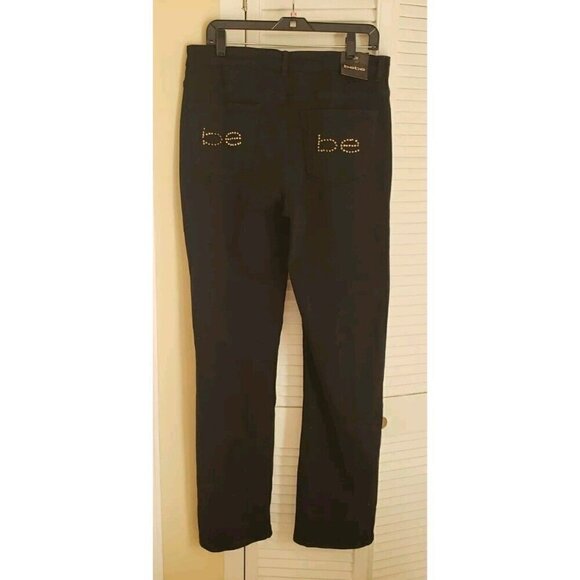 NWT $ 80 BEBE BLACK DENIM BACK POCKETS CRYSTAL LOGO STRAIGHT LEGS JEANS SZ 12/31 - Picture 6 of 11